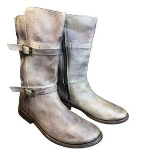 💜 Bed|Stu Gray-Purple Distressed Leather Moto Boots 👢 Women’s Buckle Mid-Calf 💜